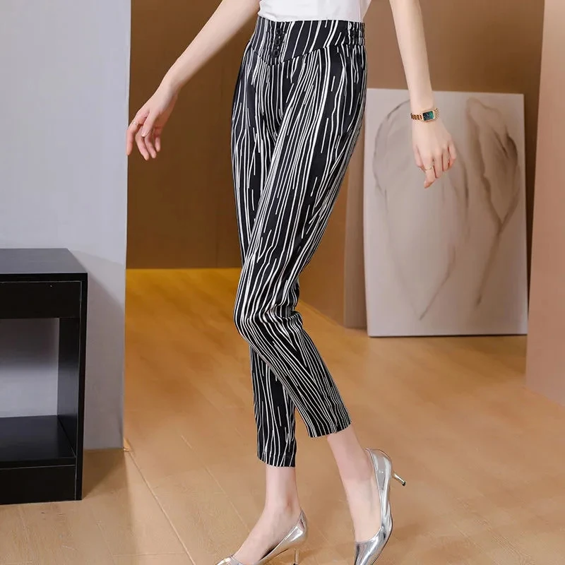 Female Clothing Ice Silk Nine Points Pants Ladies  Spring Summer New High Waist Vintage Stripes Casual Pocket Haren Pants Women