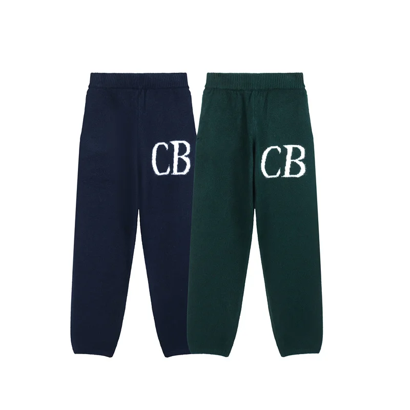 Knitted Casual Pants High Quality Fall Winter Drawstring Ink Green Bowling Blue Simple Letters Jacquard Sweatpants Men Women