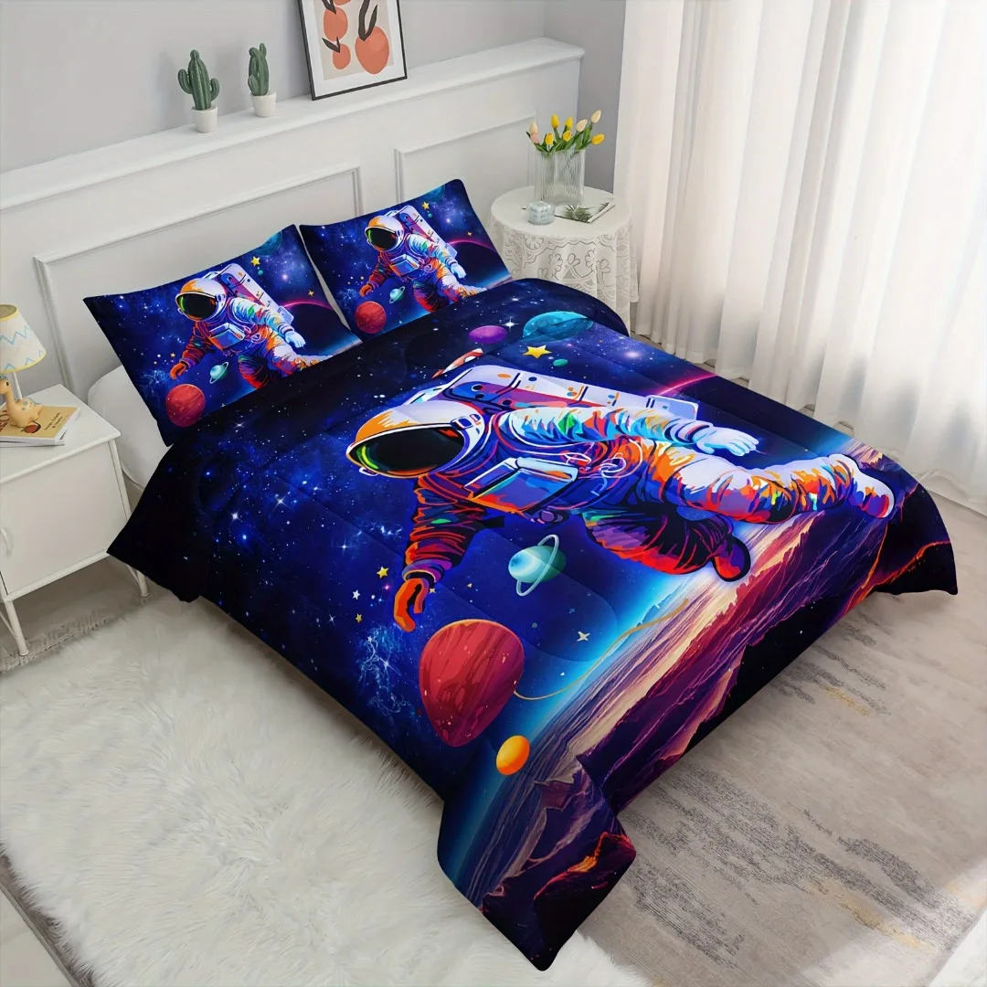 3Pcs Astronaut Comforter Set, Space Bedding Set Twin, Outer Space Astronaut Comforter Set, Galaxy Astronaut Space Bedding