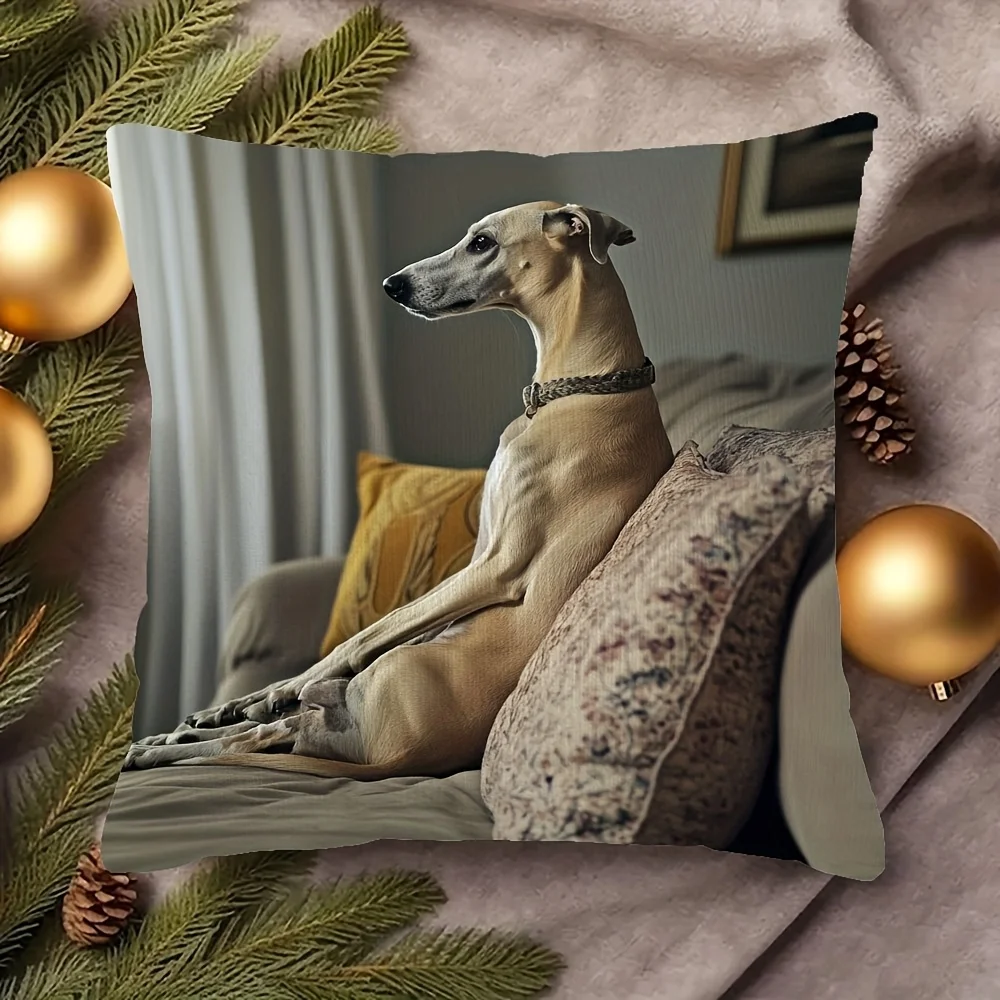 Modern Whippet Dog Double-Sided Pillowcase, Artistic Greyhound Pattern Cushion Cover with Zipper, Washable Decor Case for Sofa