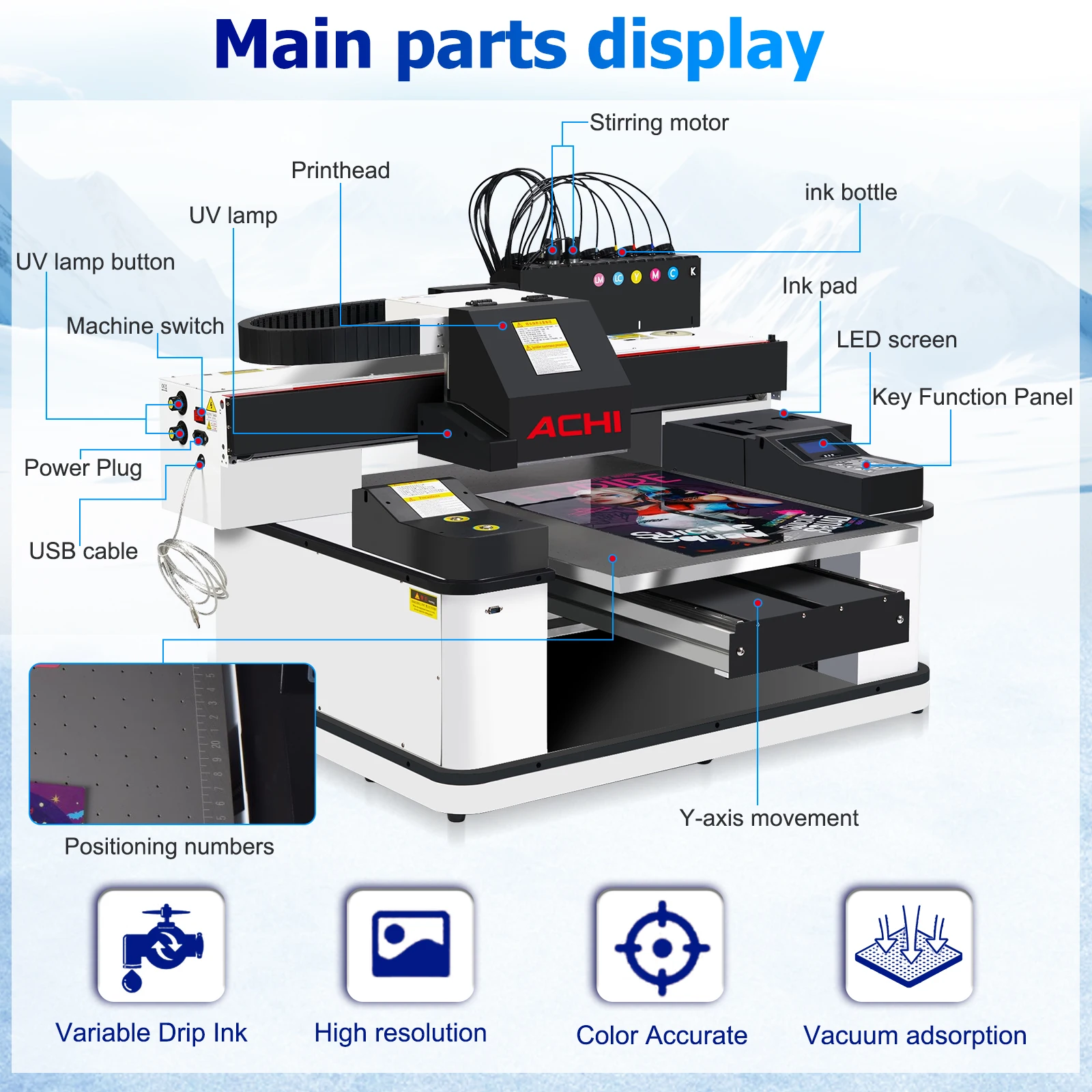 طابعة ACHI 6090 UV مع رأس الطابعة XP 600 طابعة UV طابعة مسطحة LED أوتوماتيكية لطباعة الزجاجات والخشب والمعادن