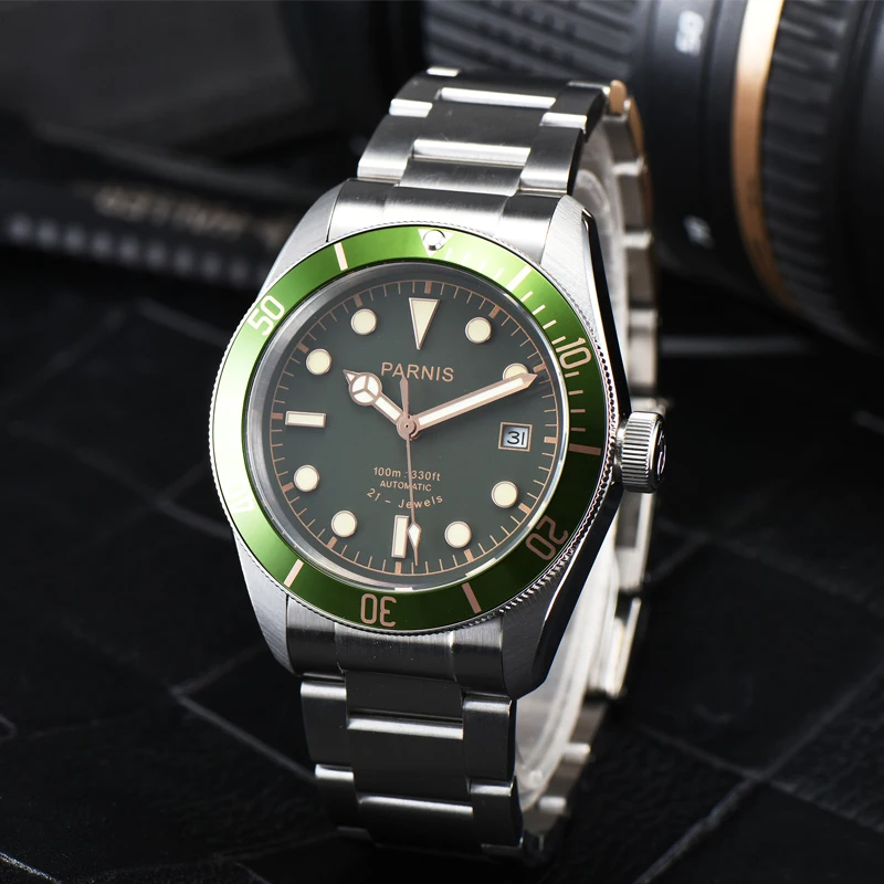 メンズサファイアクリスタル時計,グリーンダイヤル,自動巻き,機械式,カレンダー,ファッション,時計,41mm, 2024