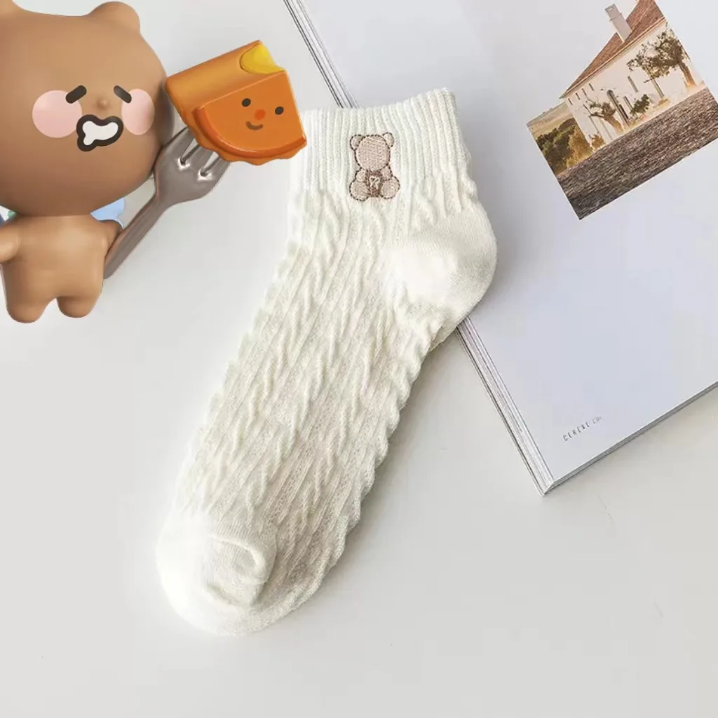 5 Pairs of Cartoon Cute White Clouds and Rainbow Socks, Small White Socks Boat Socks Bear Pattern Cute Design