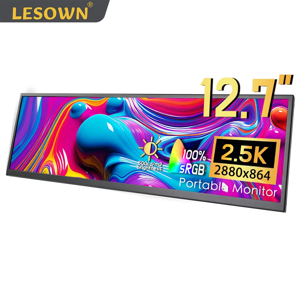 LESOWN 12.7 inch Bar Portable Monitor 2K HDMI Type C IPS Touchscreen LCD Wide Secondary Monitor for Stock Market Ticker Display