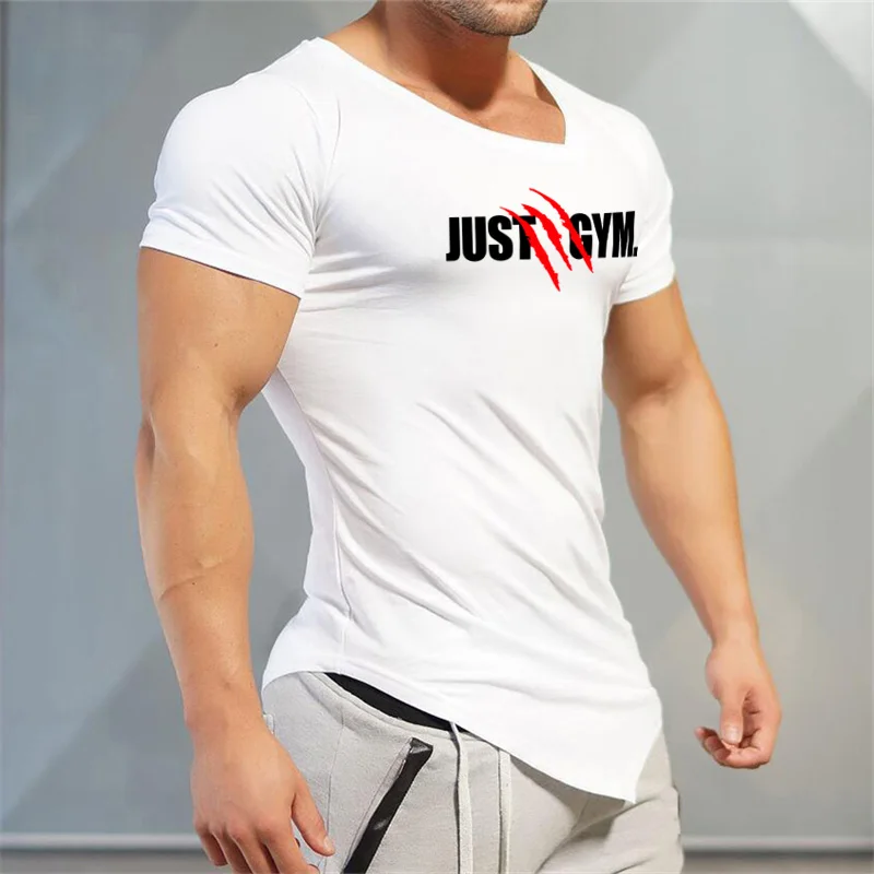 Men's V Neck Short Sleeve Running T-Shirts Summer Muscle Slim Fit Asymmetrical Hem Gym Clothing Fitness Workout Tees Tops