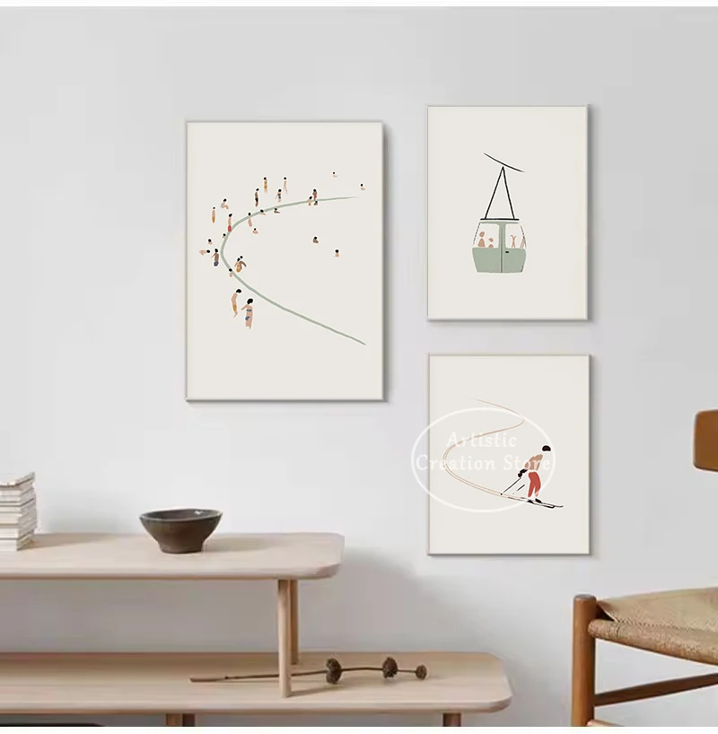 Vintage Watercolor Skiing Skier Artwork Winter Sports Minimalist Poster Canvas Painting Wall Art Pictures Home Interior Decor
