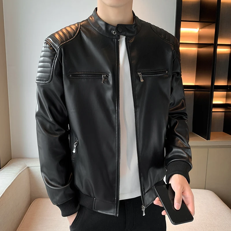 Autumn New Stand Collar Leather Jacket Men Fashion Handsome Trend Solid Color Leather Jacket Youth Large Size Motorcycle Coat