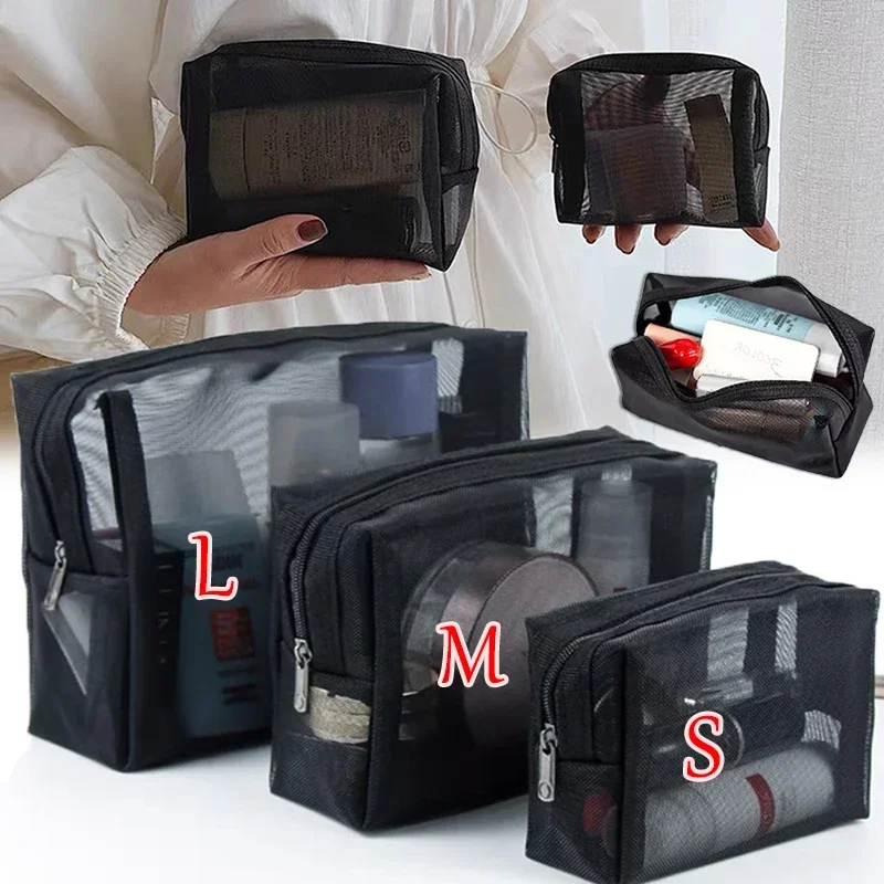 3Size Mesh Transparent Cosmetic Bags Small Large Black Makeup Bag Portable Travel Toiletry Organizer Lipstick Storage Pouch