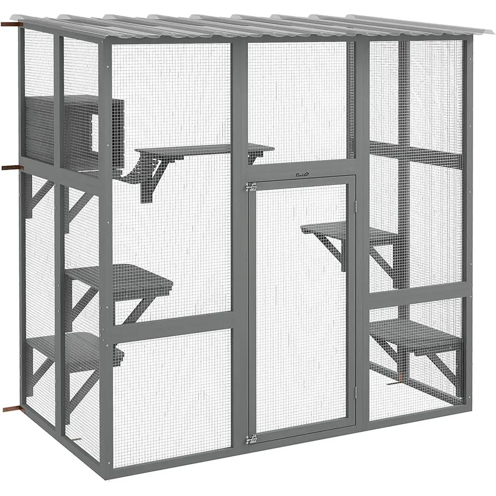 

Уличный вольер для кошек с деревянным домиком, когтеточками и защитой от непогоды для 1-2 кошек, 68 x 35.5 x 70.5, серый