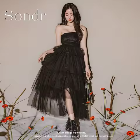 Sondr Customized Black Korean Evening Dress 2026 New Photos Shoot Corset Back Strapless Bride Wedding Dress Tiered Tulle