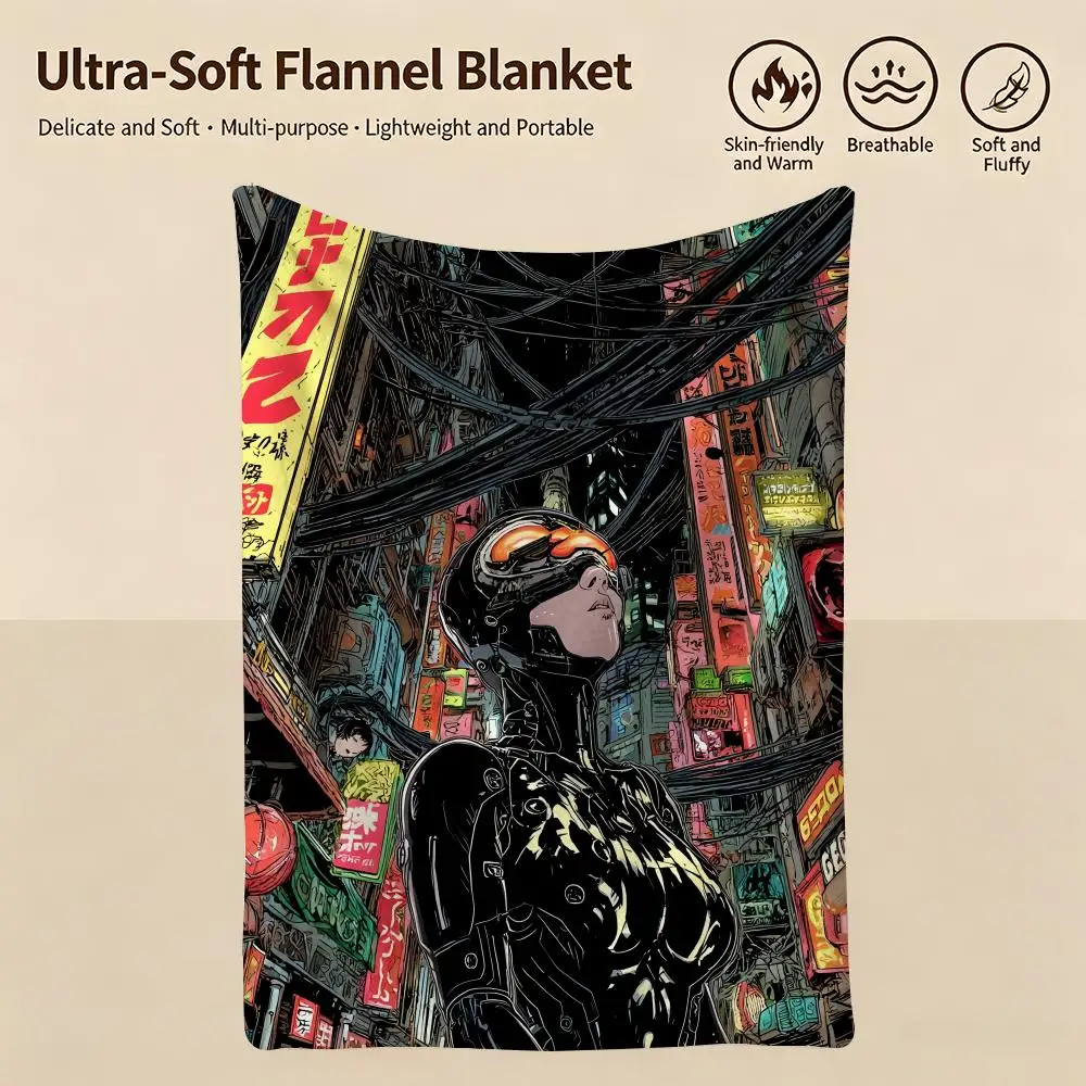 anime G-Ghost in the Shell-L Throw Warm Soft Flannel Blanket, Multi-use for Sofa Bed Camping Travel Nap