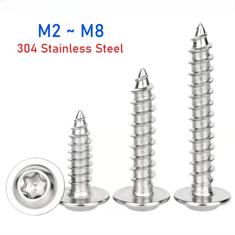 M2~M8 SUS304 Stainless Steel Pwa Pan Round Plus-blossom Six-lobe Torx With Washer Cushion Self-tapping Wood Anti-theft Screw