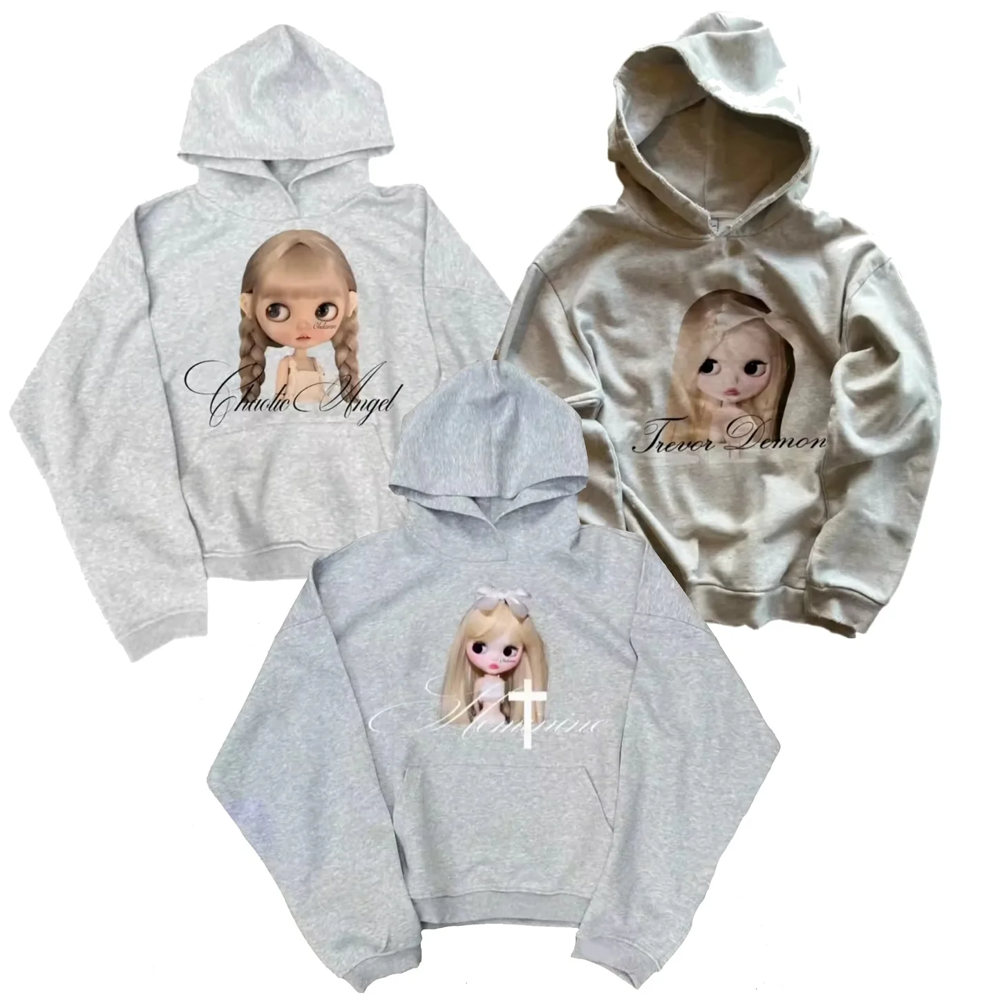 Y2K Gothic Hoodies3 Models Doll Pattern Hoodie Sweatshirt Street Casual Pullover Mens Womens Gray Oversized Pullover Sweatshirt