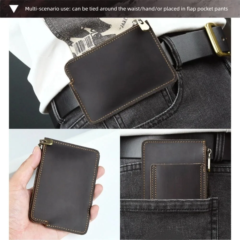 Genuine Leather Men's Short Wallet Ultrathin with Belt Loop Belt Hanging Money Pouch Multi Purpose Retro Zipper Coin Purse