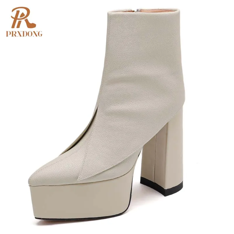 

PRXDONG Women's Shoes 2024 New Classics Genuine Leather Chunky High Heels Platform Black Beige Dress Party Office Ankle Boots 39