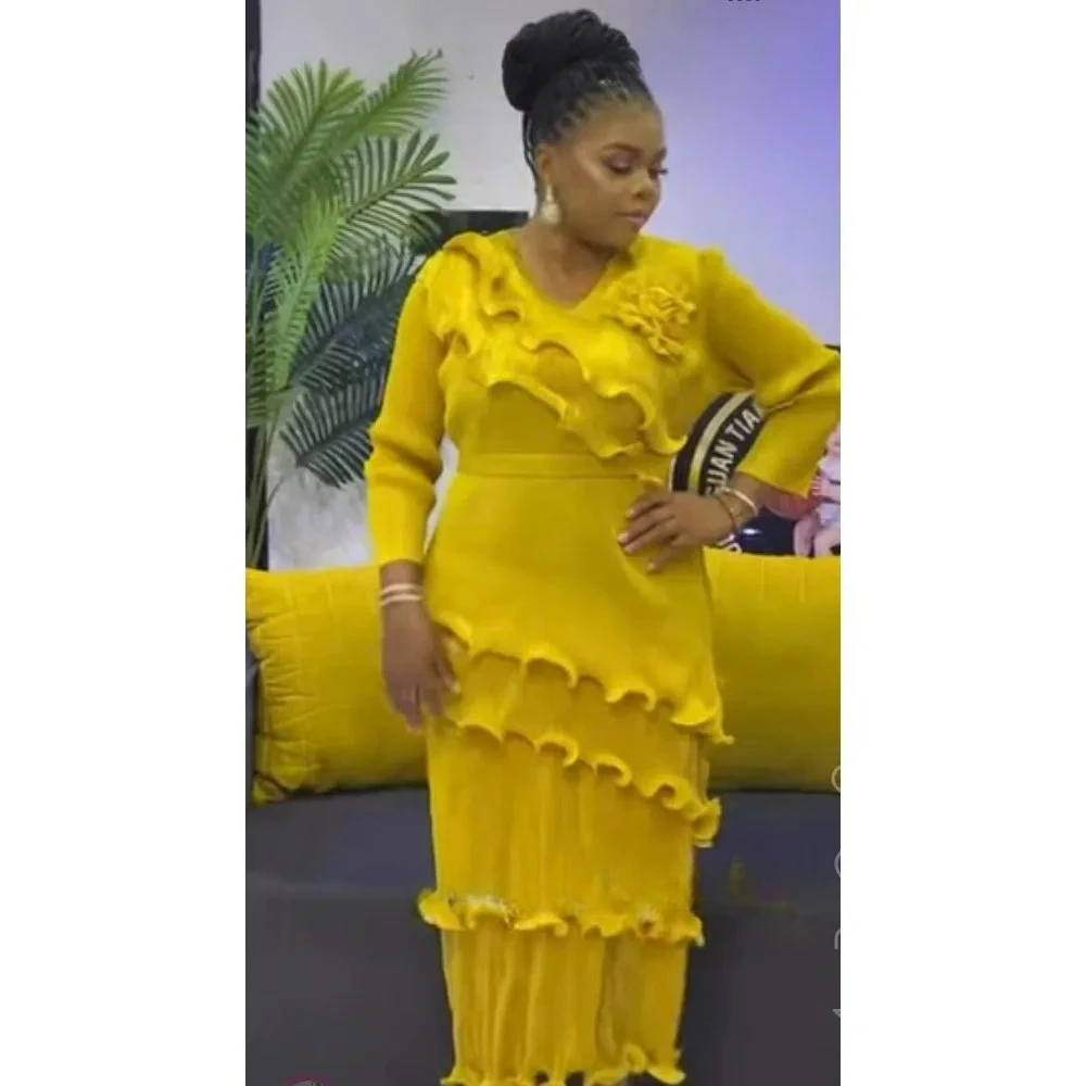 مياكي فستان مطوي ملابس الخريف النسائية 2025 موضة جديدة ثلاثية الأبعاد زهرة حزام الخصر الفطريات حافة تنورة طويلة #3