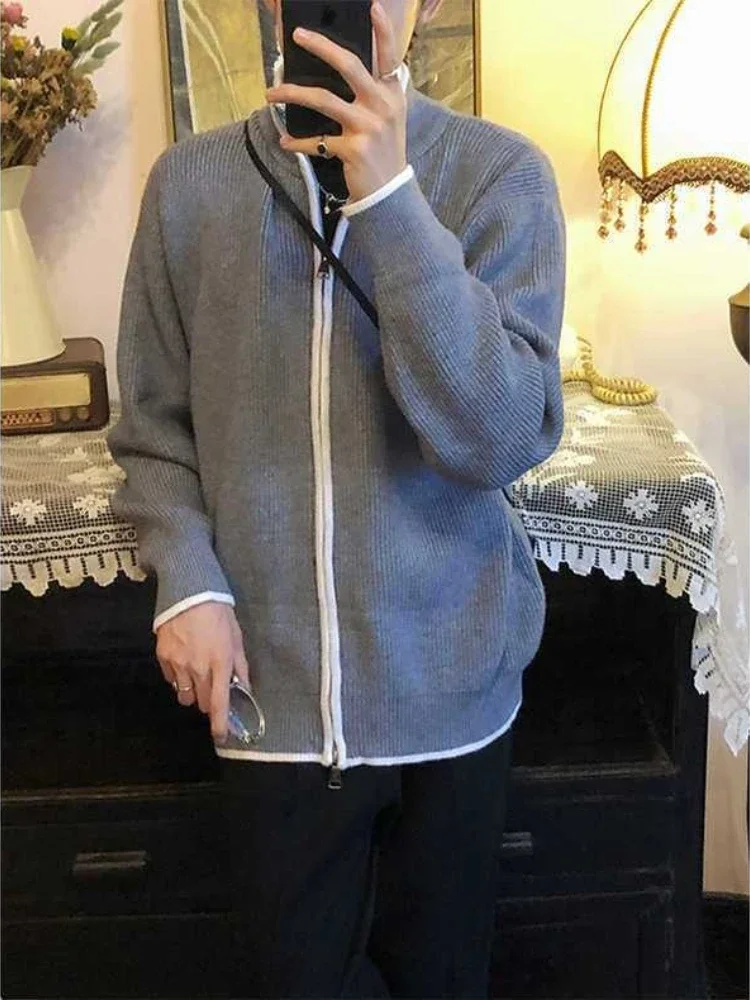 

202, весенне-осенний мужской свободный вязаный кардиган с цветными блоками, повседневный пуловер на молнии для взрослых, легкая верхняя одежда, свитер