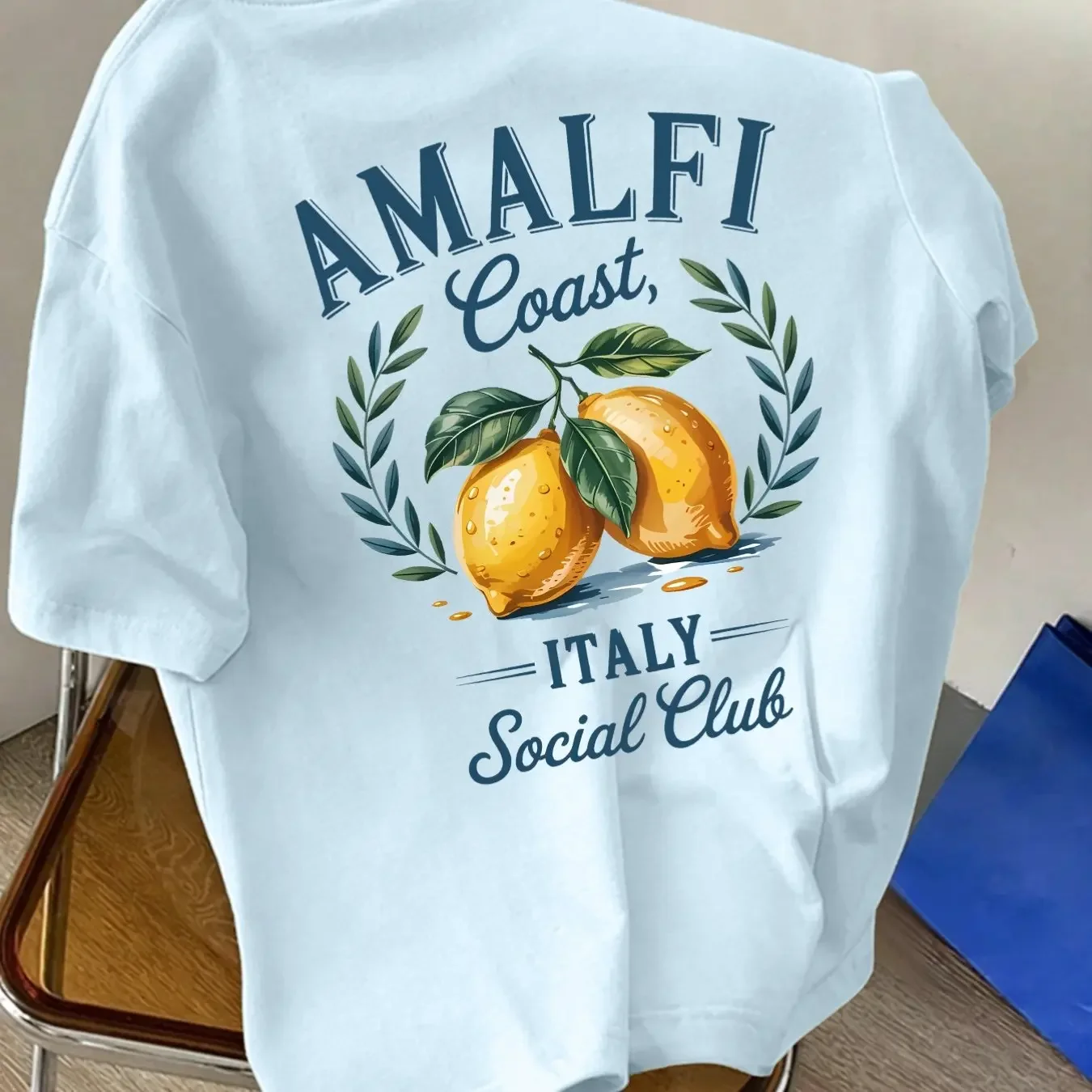 Camiseta de Hombre 100% Algodón con Estampado de Limones Italianos del Club Social de la Costa de Amalfi, Camiseta Informal para Vacaciones