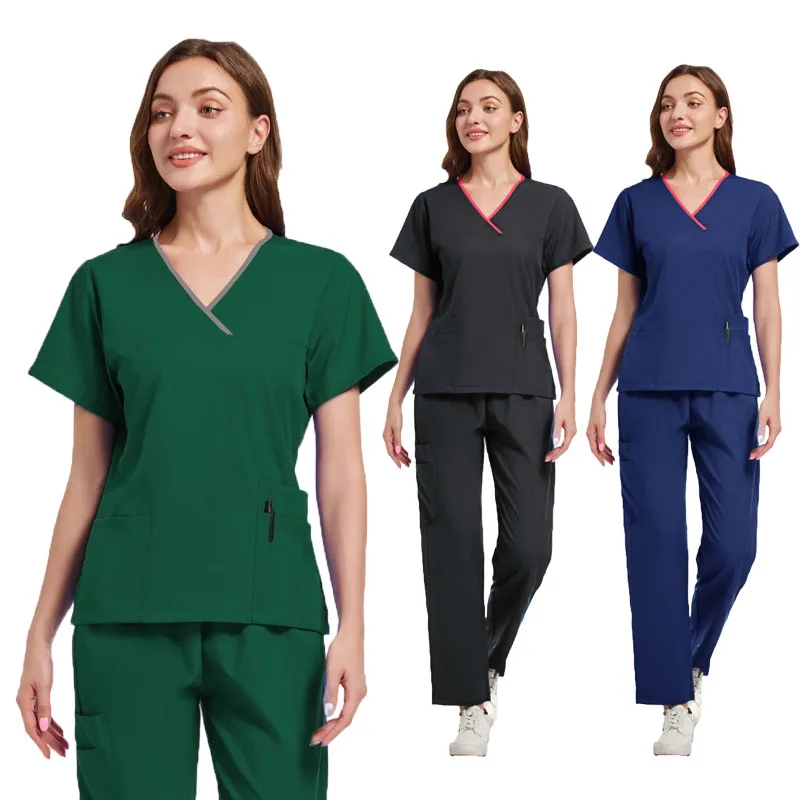 Anti-Wrinkle Premium Fabric Clinical Uniforms Washable Nurse Uniforms Medical Scrubs Sets Surgical Blouse Pockets Straight Pants