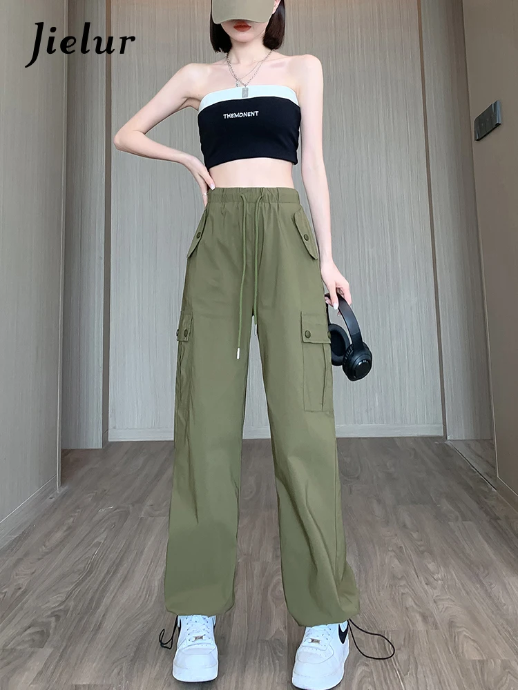 

Jielur Pink Casual Wide Leg Cargo Pants Women Summer Drawstring High Waist Pants Pockets Fashion Baggy Trousers Y2k Streetwear