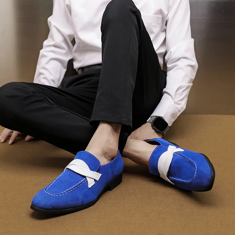 New Blue Loafers for Men Flock Round Toe Business Slip-On Dress Shoes Handmade Size 38-48  Mens Shoes