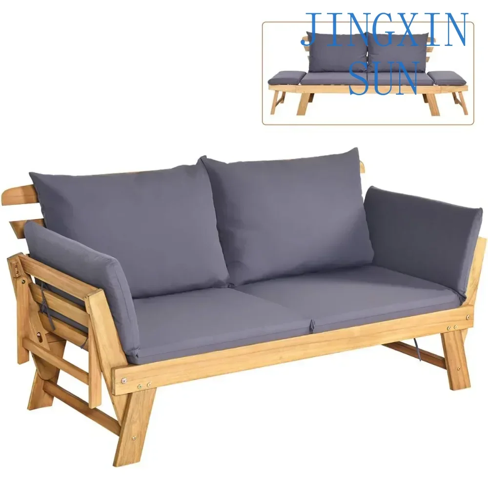 Acacia Wood Patio Couch Sofa Bed with Adjustable Armrest,Daybed with Cushion&Pillow,Folding Chaise Lounge Bench Ideal(Dark Grey)