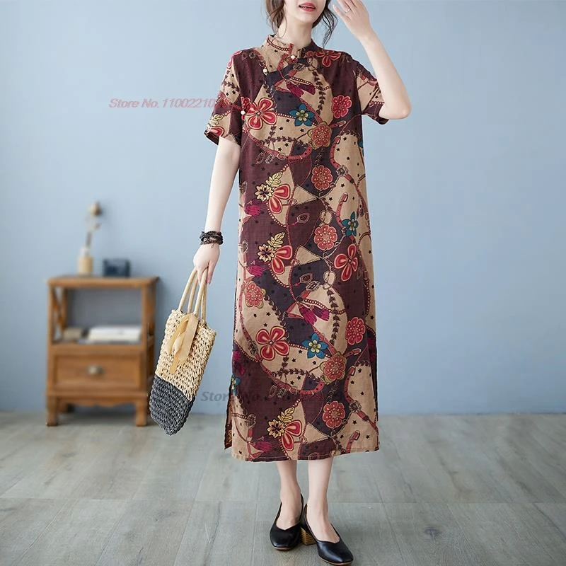 

2024 traditional chinese vintage qipao dress national flower print cotton linen cheongsam dress oriental retro folk long dress