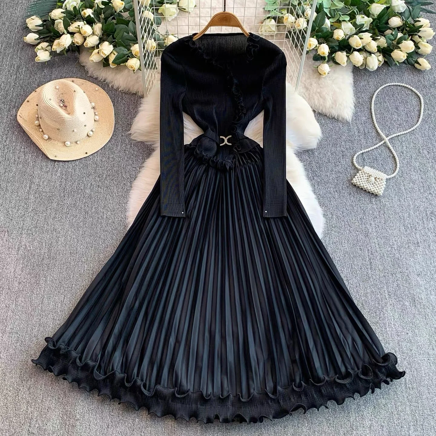 ANLAN Miyake Style Pleated Dress For Women 2026 New Solid Wood Earrings V-neck Long Sleeve Fake Two-piece A-line Skirt 2AN6819