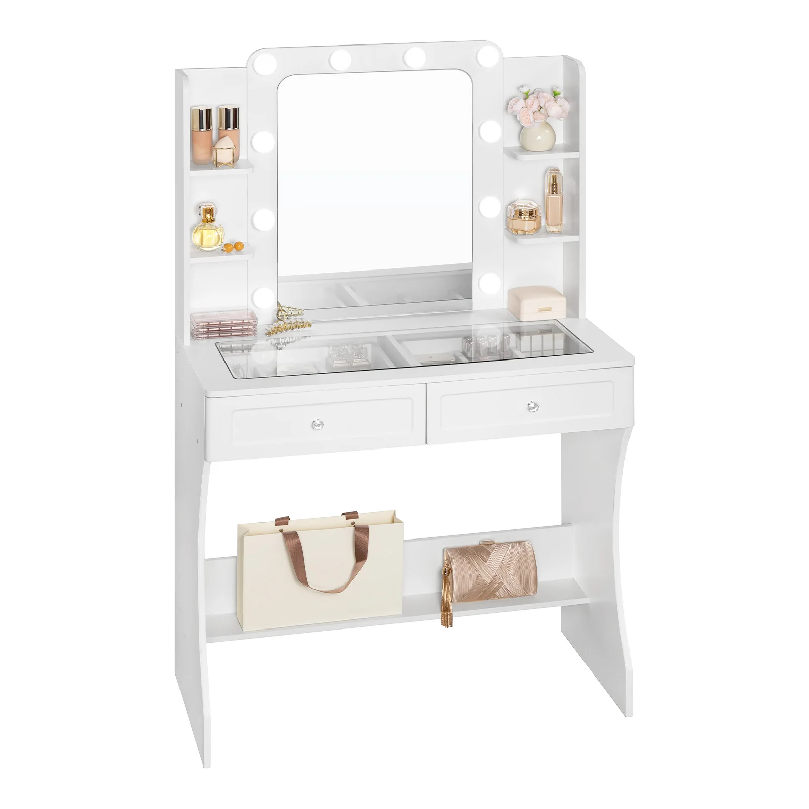 WOLTU Weißer Schminktisch mit verstellbarer 3-Farben-Beleuchtung, transparenter Schreibtisch, Tischplatte aus gehärtetem Glas, Aufbewahrung für Make-up