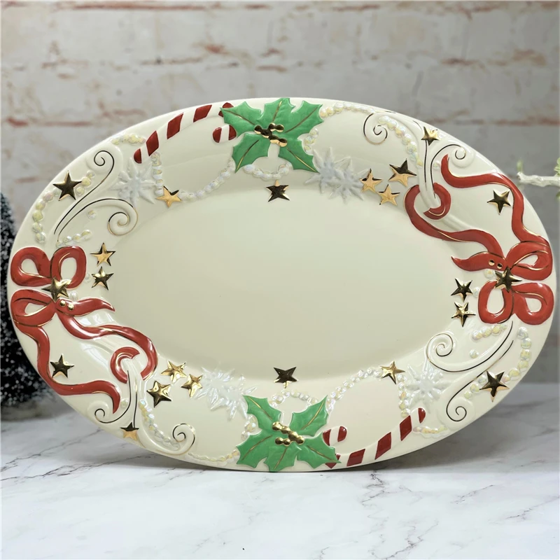 

Party Decor Lenox Ceramic Gold Tracing Family Christmas Plate Oval Embossed Decorative Plate Home Decoration Accessories Gift