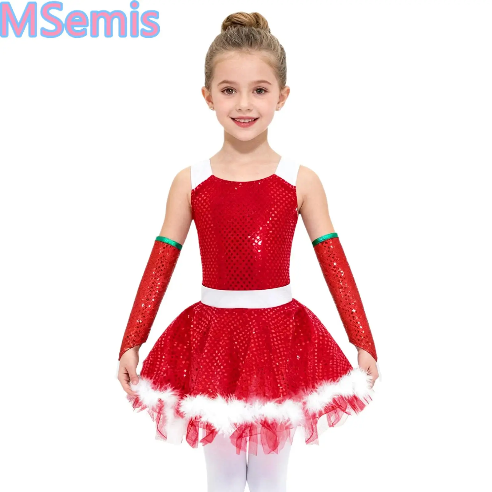

Kids Girls Sequins Christmas Cami Dress Faux Fur Adorned Leotard with Sparkly Sequins Elbow Length Oversleeves Xmas Outfit Set