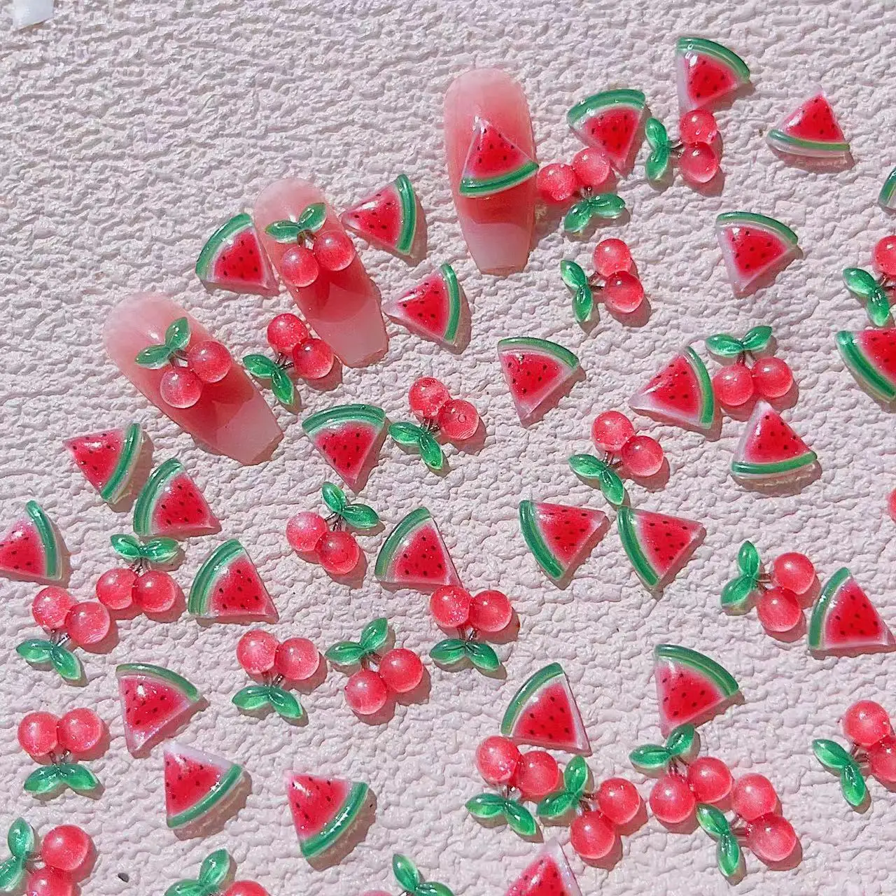 50pcs Cute Summer Refreshing And Ice Permeating Fruit Series Watermelon And Cherry 3D Simulation Nail Decoration Diamond