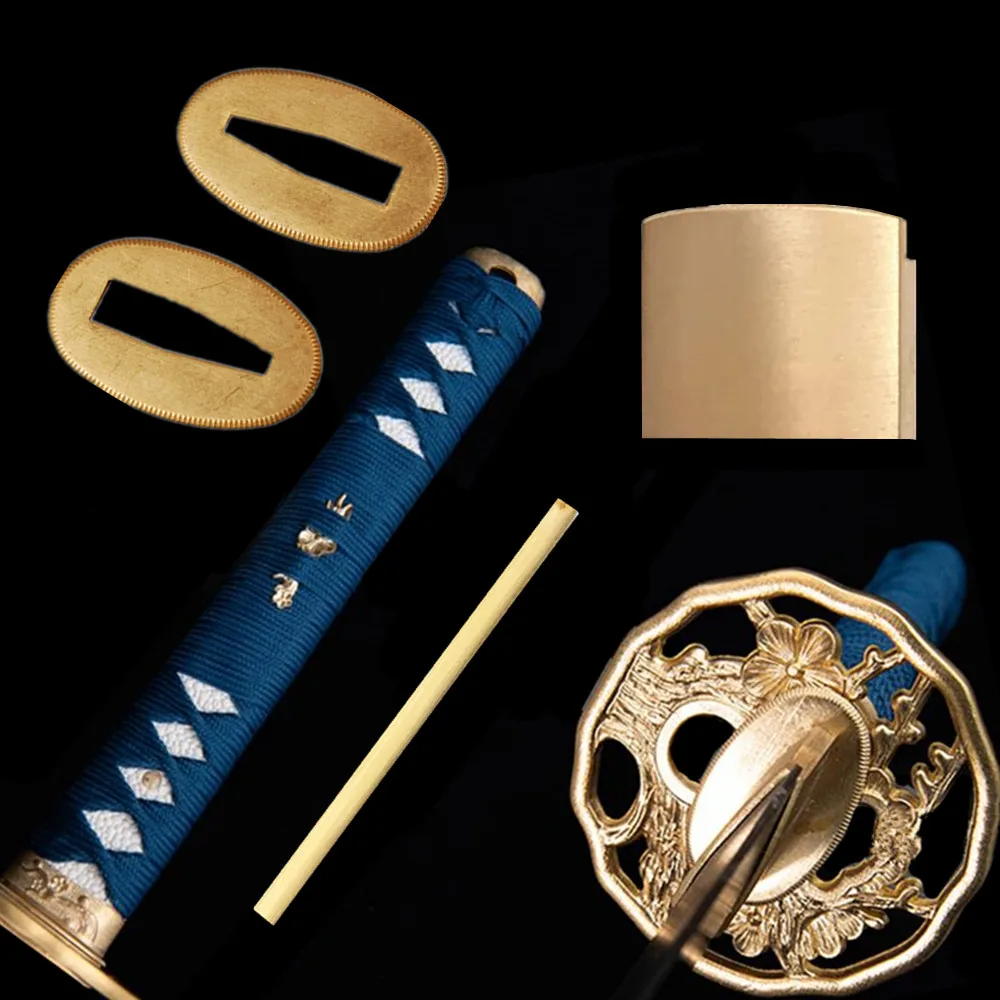 Japanese Samurai Katana/Wakizashi Sword Handle Accessory Brass Set Plant flowers Tsuba+Menuki+Fuchi+Kashira+Habaki+Seppa Fitting