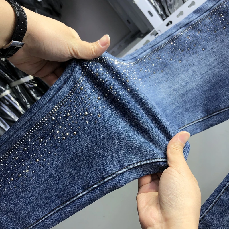 Thicken Fleece Blue Denim Trousers 2025 New Winter Stretch High Waist Slim Pencil Pants All-match Hot Drilling Floor-length Jean