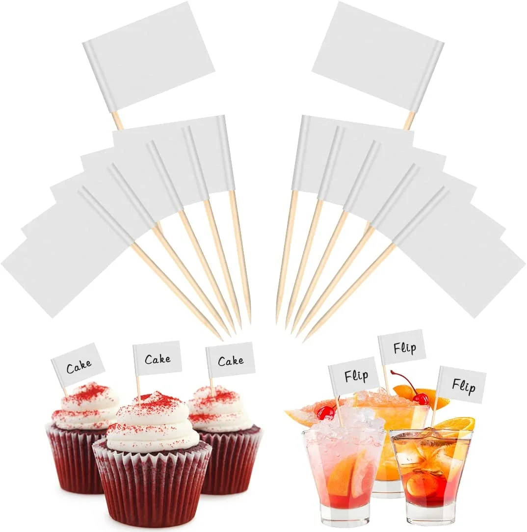 100pcs Blank Tag Wooden Toothpicks Flag White DIY Cupcake Toppers Toothpick Cake Decorating Topper Food Picks Party Decoration