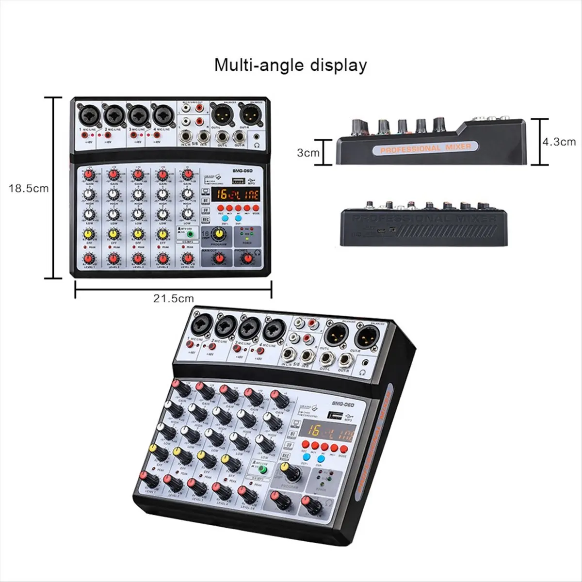 6 Channel Audio Mixer Portable Mixing Console USB Interface Sound Card with 99- 48V Phantom Power EU Plug
