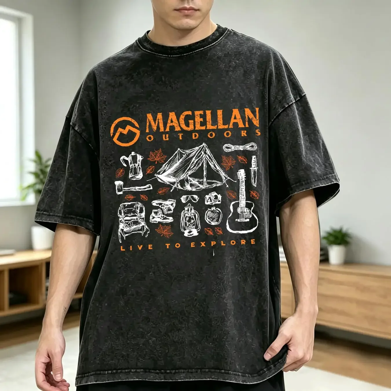 washed T Shirt Magellan Mens M Camping Live to Explore vintage Washed Versatile homme streetwear Comfortable graphic fashion