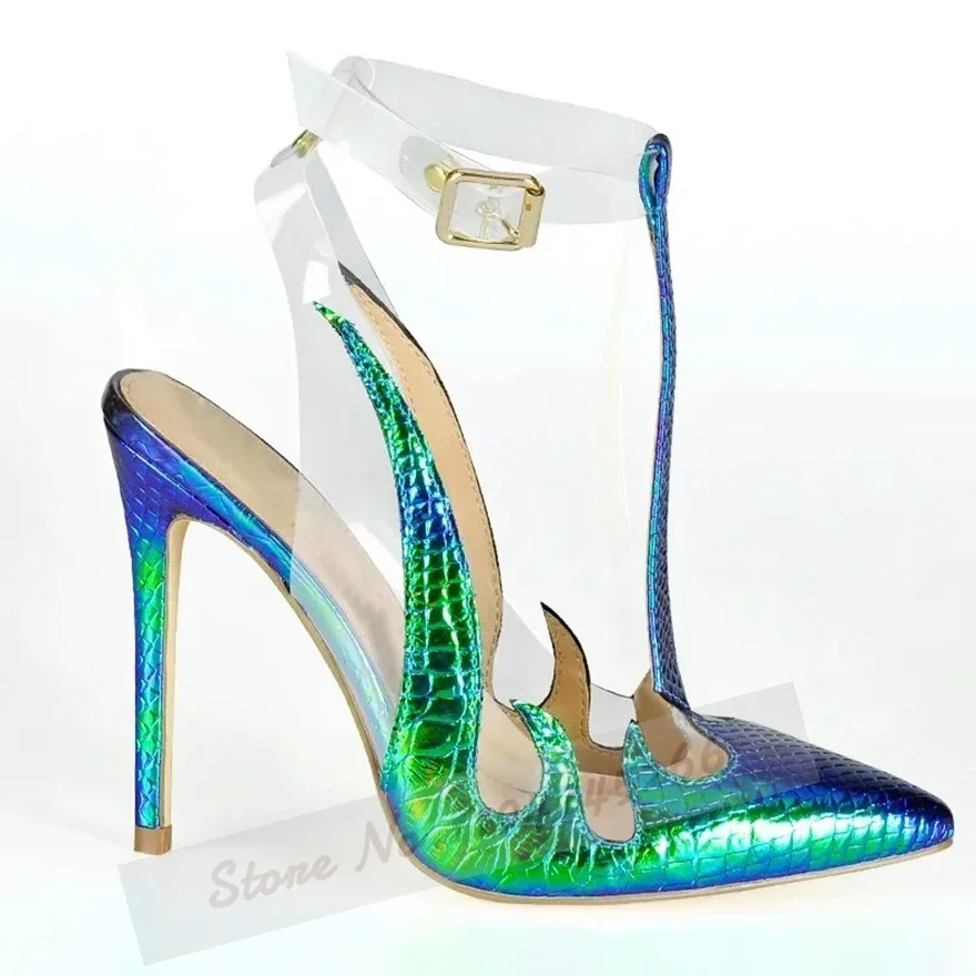 Frauen Hologramm Schlange PVC Transparente Schuhe Stiletto Heels Spitz Patchwork Sandalen T-Riemen Schnalle Flache Bankett Schuhe