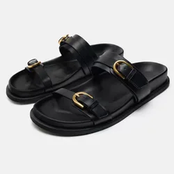 Thick Bottom Women Beach Slippers Outdoor Casual Flat Slides for Female Fashion Metal Buckle Soft Leather Ladies Roman Shoes