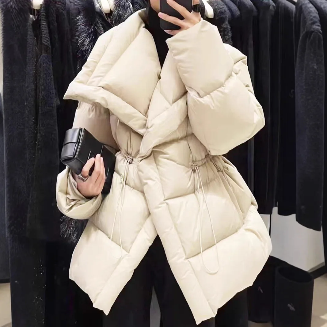 

Winter New White Duck Down Thick Temperament Warm and Slim Fit Jacket Big Collar Drawstring Waist Down Coat for Women