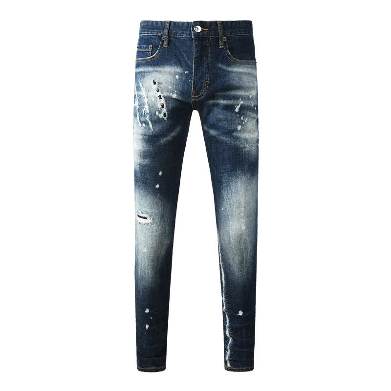 

High Street Designer Fashion Men Jeans Retro Dark Blue Stretch Slim Fit Hole Ripped Jeans Men Brand Vintage Denim Pants Hombre