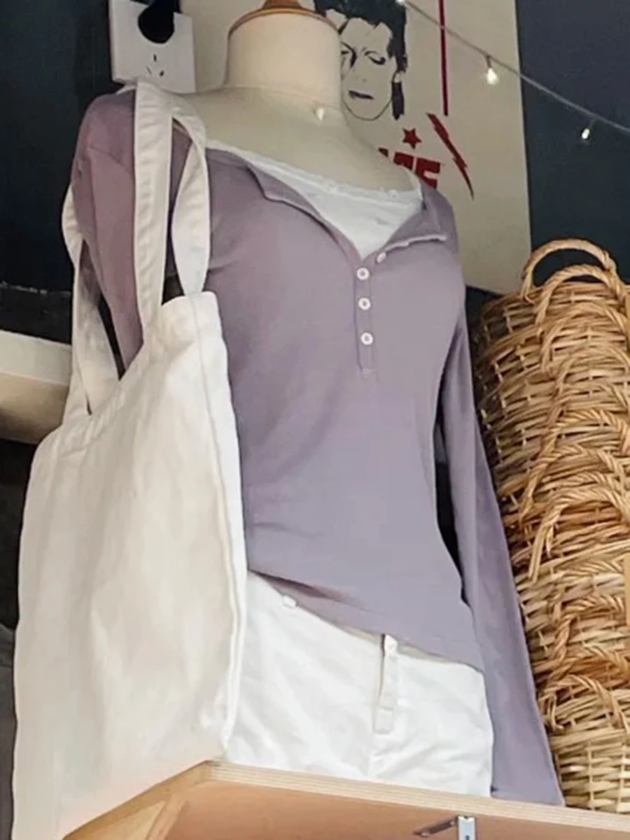 

Six Buttons Cotton Soft Long Sleeve T-shirts Women Spring Round Neck Slim Tee Top Female Cute Sweet Purple Tshirt Y2k Tops