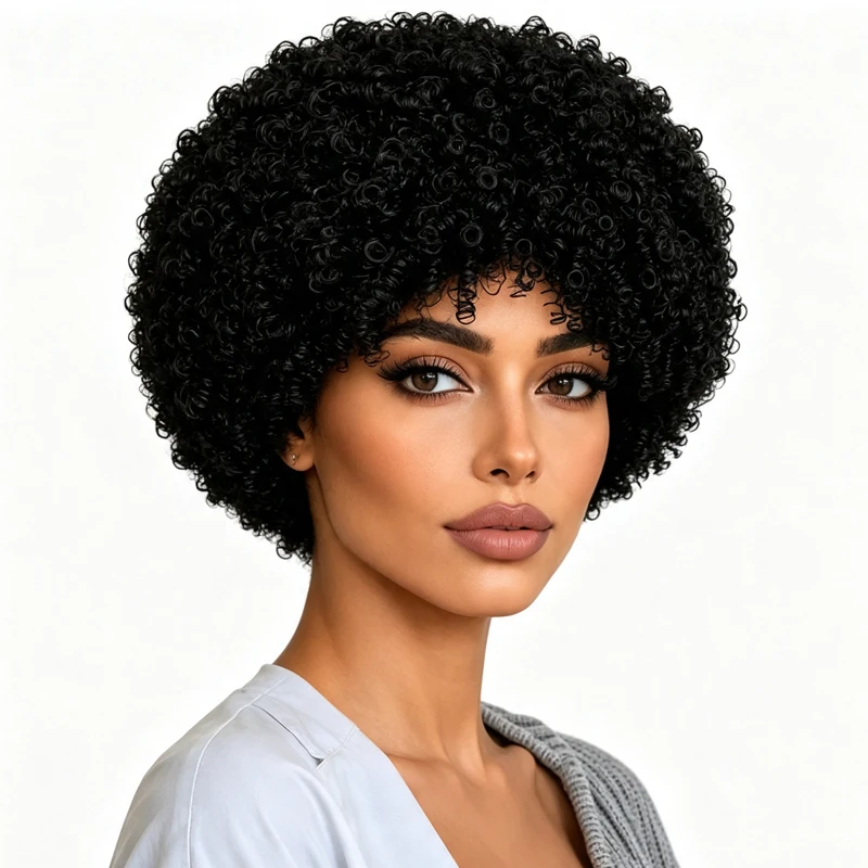8-inch black curly synthetic wig, stylish and voluminous, suitable for cosplay and all women.