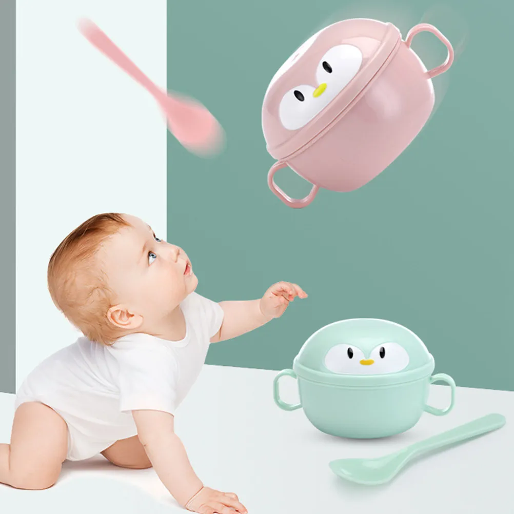 

2 комплекта детских мисок в форме пингвина с ложками, портативные миски из нержавеющей стали и полипропилена для пюре, картофельного пюре, закусок