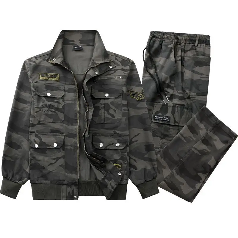 Men Pure Cotton Elastic Workwear Jacket Pants Set Multi Pockets Loose Breathable Heat Resistant Dirty Wear Resistant Spring Autu