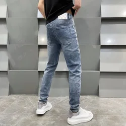 Jeans high-end de luxo leve masculino, xadrez quadrado, elástico, slim fit, leve, perna reta, na moda, moda