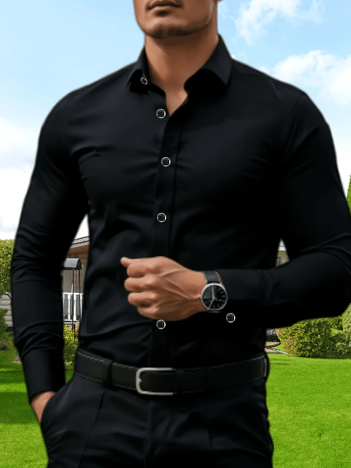 Men's gift | Elegant long-sleeved button-down shirt | Geometric pattern design | Lightweight polyester fabric
