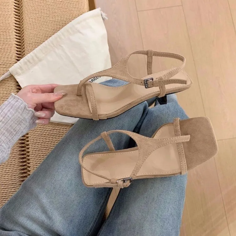 New Fashionable T-strap Women's High-heeled Thong Sandals 2026 Summer One-line Buckle Design Solid Color Luxury Open-toe Sandals