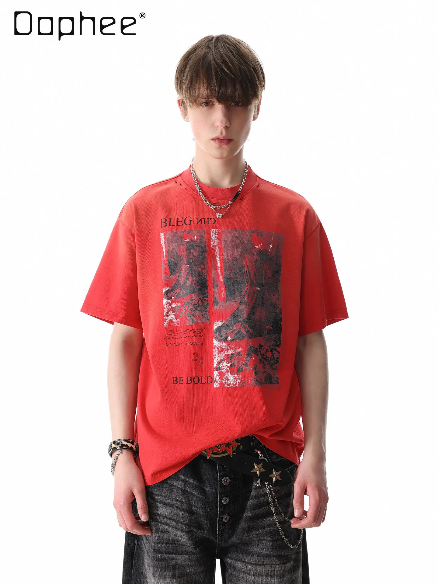 2026 Summer New Men Dark Figure Collage Letter Print Loose Casual Daily Washed Streetwear Short Sleeve Red Top