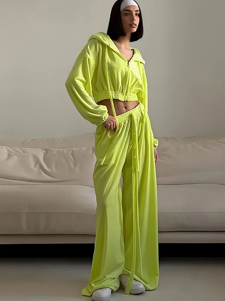 

EOENKKY Sporty Tracksuits 2-Piece Set Women Flocking Hooded Zip Ribbon Jacket+Drawstring Bandage Pocket Pants Hottie Outfits